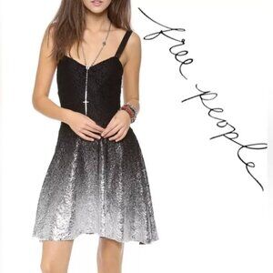 Free People Mini Dress Silver Foiled Black Lace Whimsy Goth 90s Y2K XS